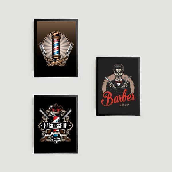 Kit 3 Quadros Símbolos Barber Shop 24x18cm - Com Vidro Moldur