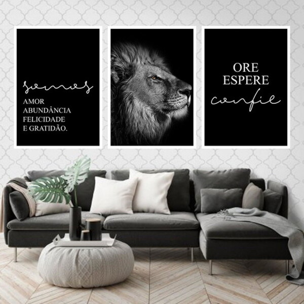Kit 3 Quadros Somos Amor - Leão 60x40cm Moldura:madeira Preta