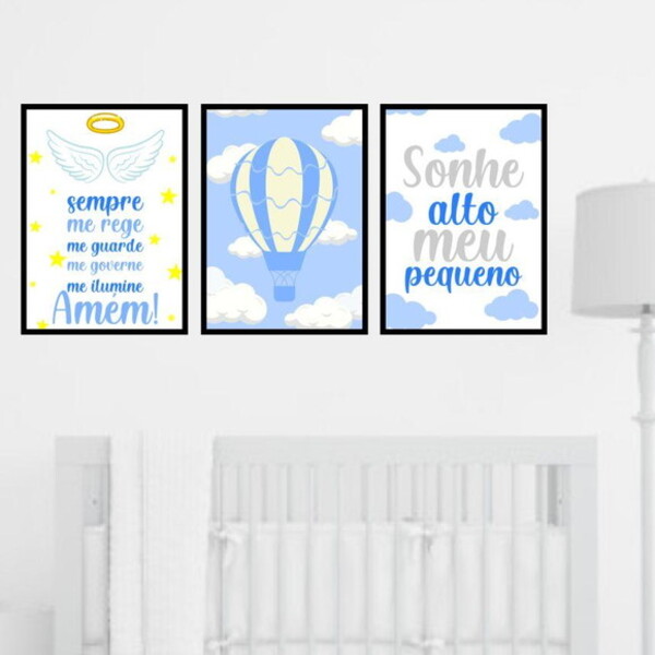 Kit 3 Quadros Sonhe Alto - Anjo Da Guarda 33x24cm - Com Vidro