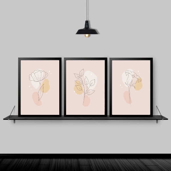 Kit 3 Quadros Suaves Rosinhas Minimalistas 24x18cm Moldura:ma