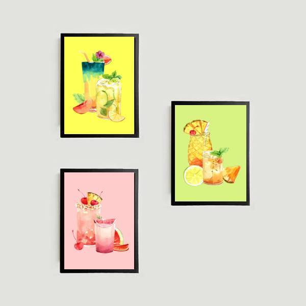 Kit 3 Quadros Sucos Naturais 33x24cm - Com Vidro Moldura:made