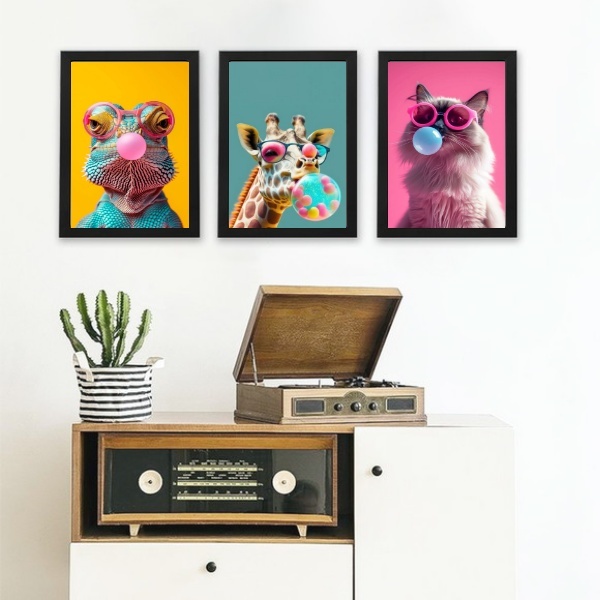 Kit 3 Quadros Teenager Bichos Bubble Gum 33x24cm Moldura Bran
