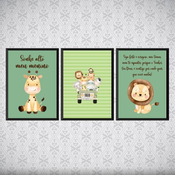 Kit 3 Quadros Tema Safari Infantil Sonhe Alto 45x34cm Moldura