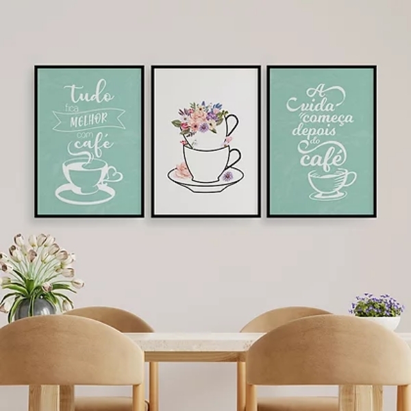 Kit 3 Quadros Tudo Fica Melhor Com Café 33x24cm - Com Vidro M