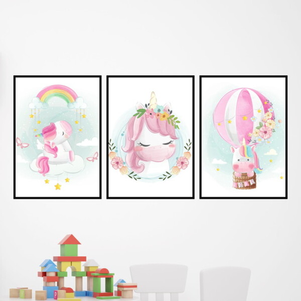 Kit 3 Quadros Unicórnios - Aquarela - Balão 24x18cm Moldura:m