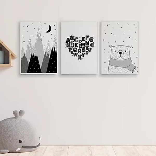 Kit 3 Quadros Urso E Montanha Escandinavo 45x34cm Moldura:mad