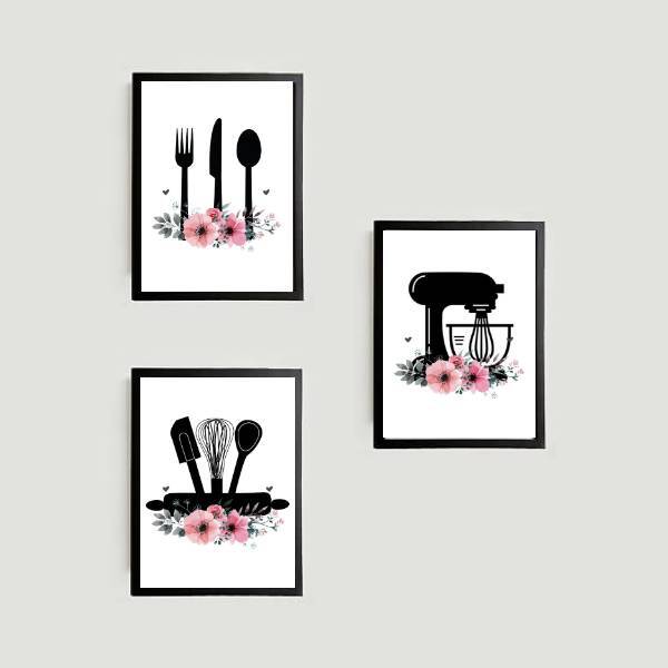 Kit 3 Quadros Utensílios De Cozinha 45x34cm - Com Vidro Moldu