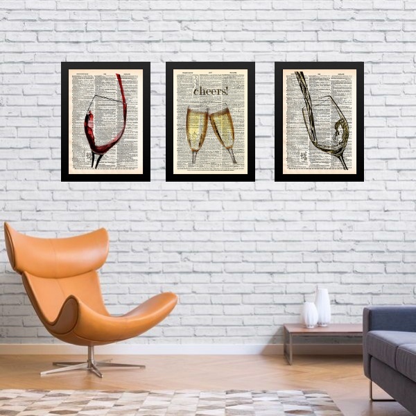 Kit 3 Quadros Vintage Bar Vinhos E Espumante 33x24cm - Com Vi