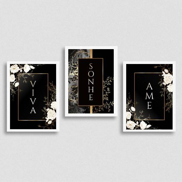 Kit 3 Quadros Viva, Sonhe, Ame - Preto 24x18cm - Com Vidro Mo