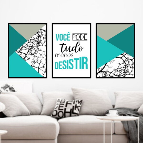 Kit 3 Quadros Você Pode Tudo - Turquesa 45x34cm - Com Vidro M