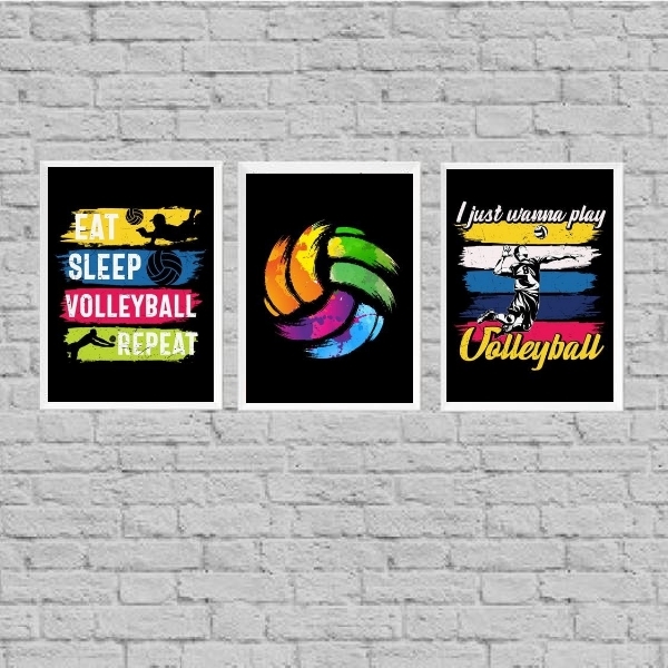 Kit 3 Quadros Volleyball Retrô 33x24cm Moldura:madeira Branca