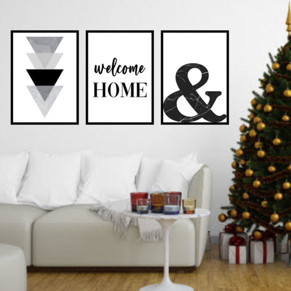 Kit 3 Quadros Welcome Home - Triângulos 33x24cm - Com Vidro M