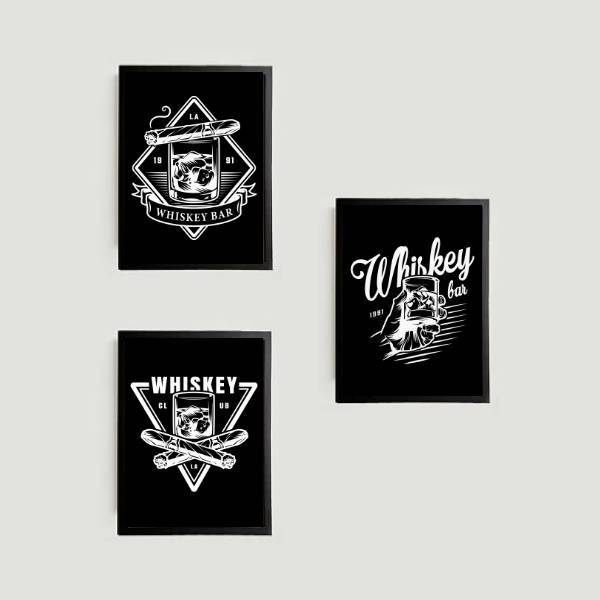 Kit 3 Quadros Whiskey 45x34cm - Com Vidro Moldura:madeira Bra