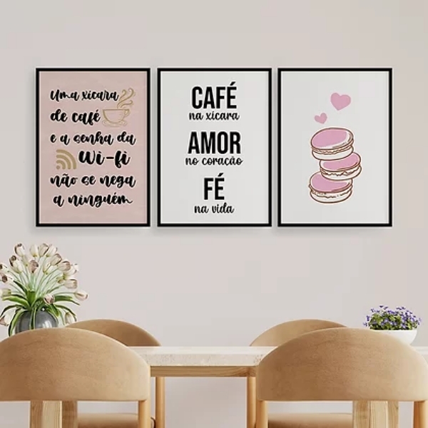 Kit 3 Quadros Xícara De Café E Wi-fi 33x24cm - Com Vidro Mold