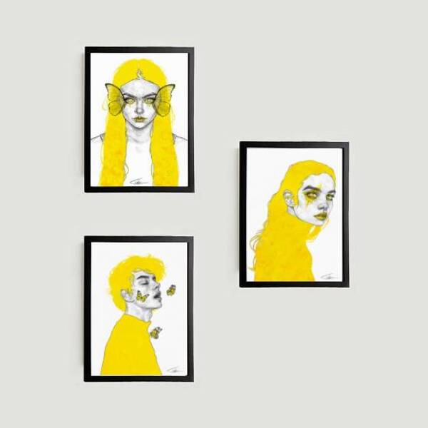 Kit 3 Quadros Yellow Design 33x24cm - Com Vidro Moldura:madei