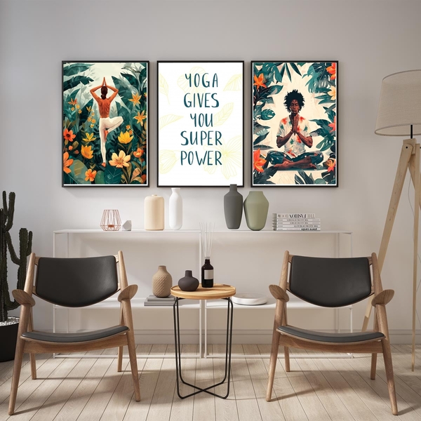 Kit 3 Quadros Yoga - Super Poderes 24x18cm Moldura Branca