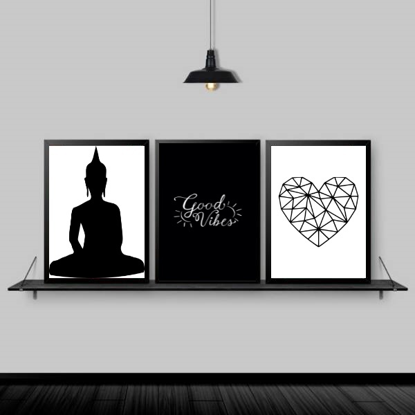 Kit 3 Quadros Zen Buda Good Vibes 33x24cm Moldura:madeira Bra