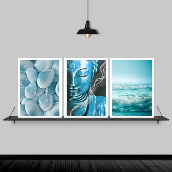 Kit 3 Quadros Zen Buda Mar Azul 33x24cm Moldura:madeira Preta