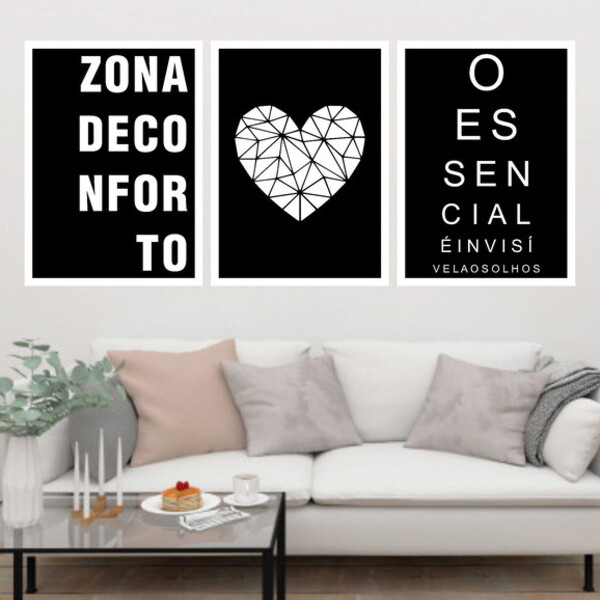 Kit 3 Quadros Zona De Conforto - Coração 24x18cm Moldura:made