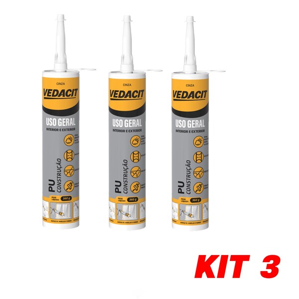 Kit 3 Selante PU Elástico Vedaflex Cinza 360g Vedacit