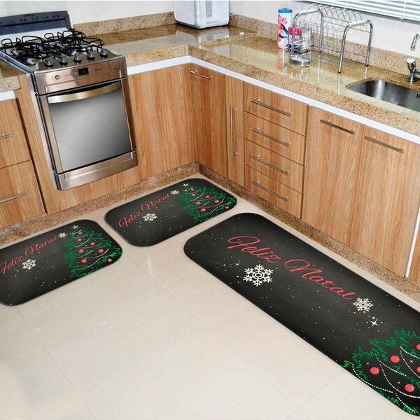 Kit 3 Tapetes De Natal Para Cozinha Árvore De Natal Desenhada