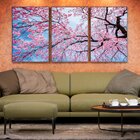 Kit 3 Telas Canvas Com Moldura Arvore Com Flores Rosa