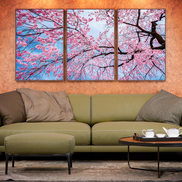 Kit 3 Telas Canvas Com Moldura Arvore Com Flores Rosa