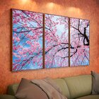 Kit 3 Telas Canvas Com Moldura Arvore Com Flores Rosa