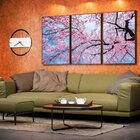 Kit 3 Telas Canvas Com Moldura Arvore Com Flores Rosa