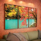 Kit 3 Telas Canvas Com Moldura Lago E Flores