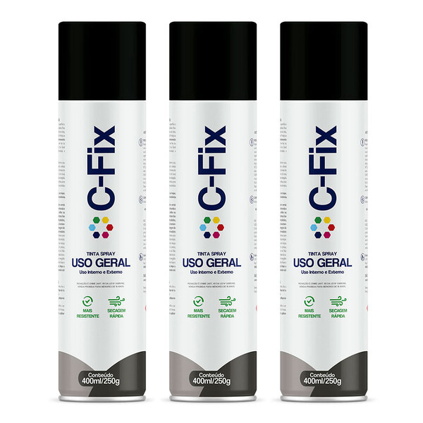 Kit 3 Tintas Spray Preto Semi Brilho Uso Geral 400ml C-fix