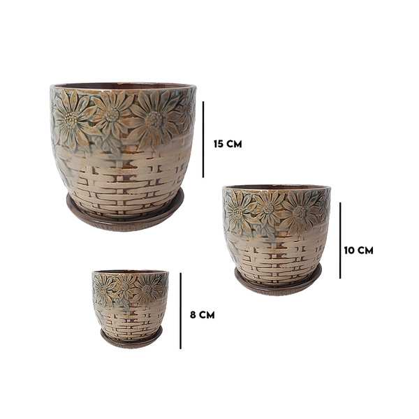 Kit 3 Vasos De Porcelana Redondo Marrom Com Flores