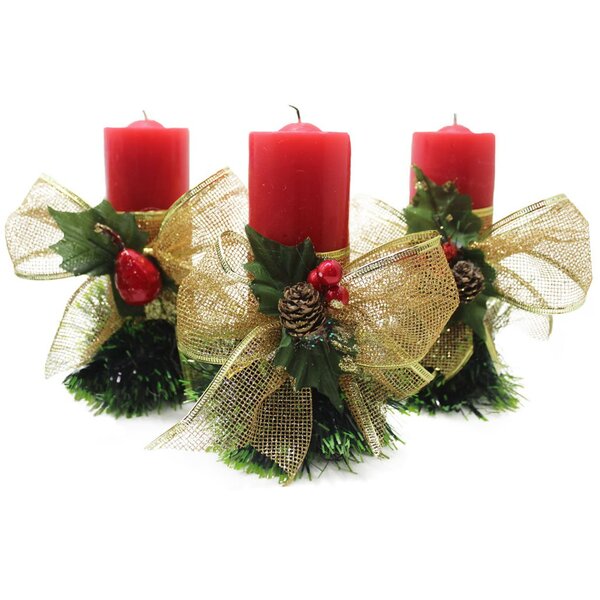 Kit 3 Velas Vermelhas Decorativas Para Natal Com Laço Dourado