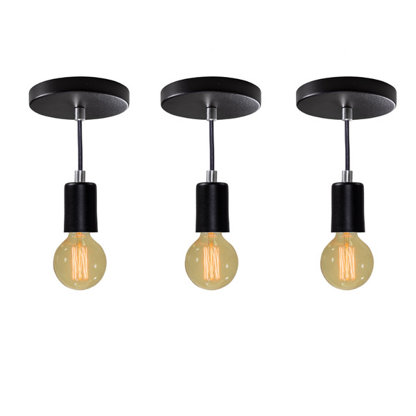 Kit 3x Pendente Tubo Cilindro Alumínio Preto + Filamento Carb