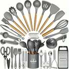 Kit 44 Utenslios De Cozinha Silicone E Madeira Antiaderente C