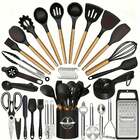 Kit 44 Utenslios De Cozinha Silicone E Madeira Antiaderente P