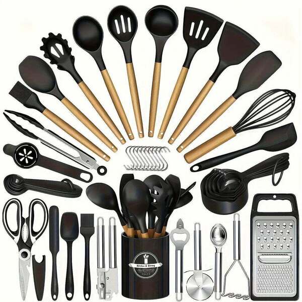 Kit 44 Utenslios De Cozinha Silicone E Madeira Antiaderente P