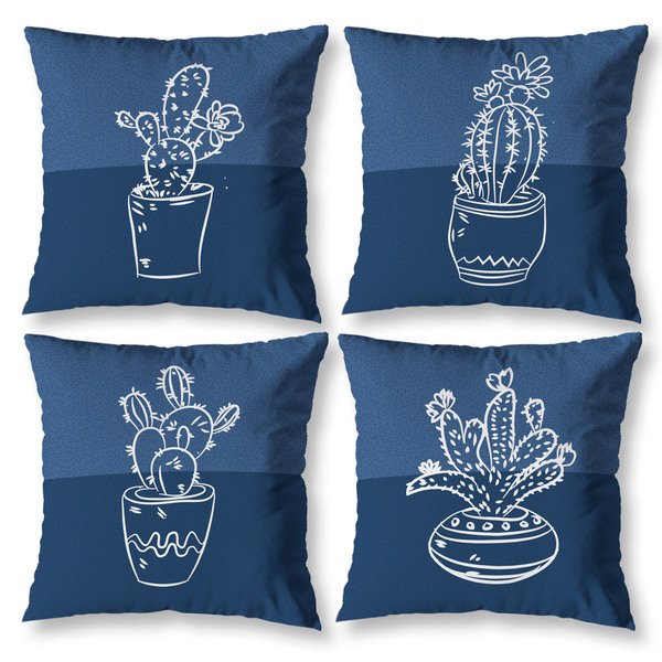 Kit 4 Almofadas 40cm X 40cm Estampada Cactos Azul Zíper Invis