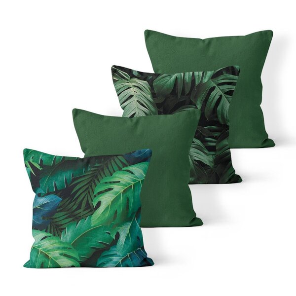 Kit 4 Almofadas Decorativas Own Folhas E Lisas Verde Tecido C