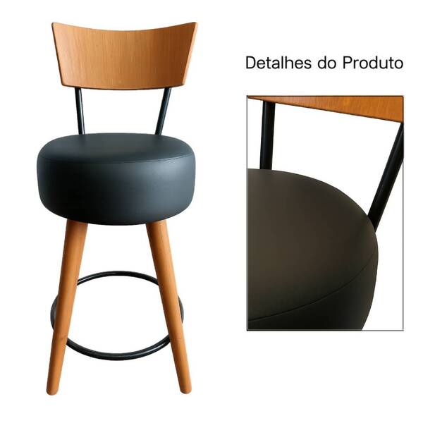 Kit 4 Banqueta Média Cozinha Estofada Preta Com Encosto Madei