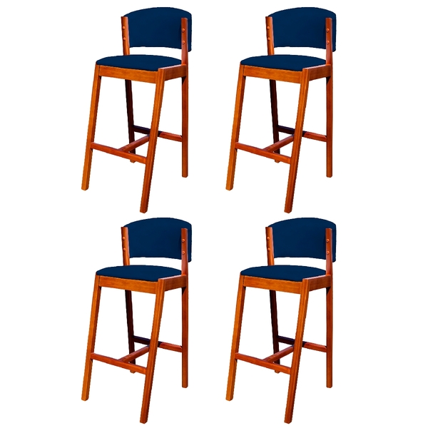 Kit 4 Banquetas Alta De Madeira Com Encosto Veludo Azul Ana I