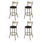 Kit 4 Banquetas Alta Estofada Preta Em Aço Ouro Envelhecido S