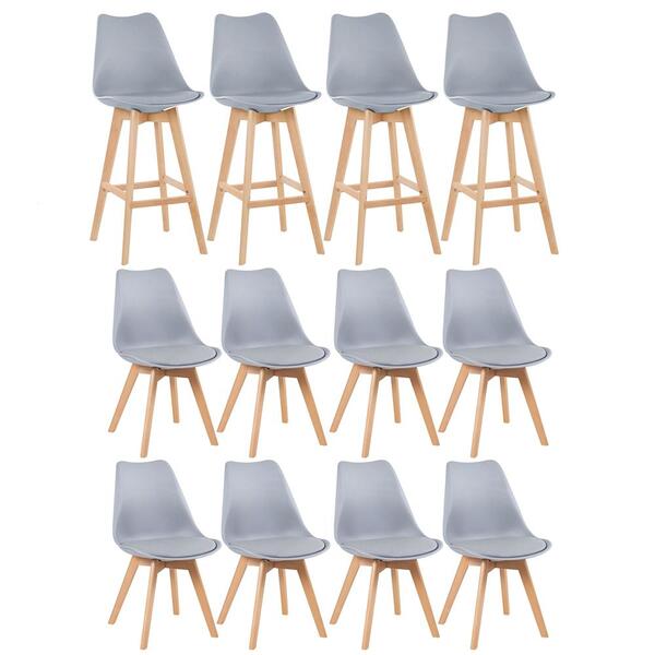 Kit - 4 Banquetas Altas + 8 Cadeiras Estofadas Leda Cinza Cla