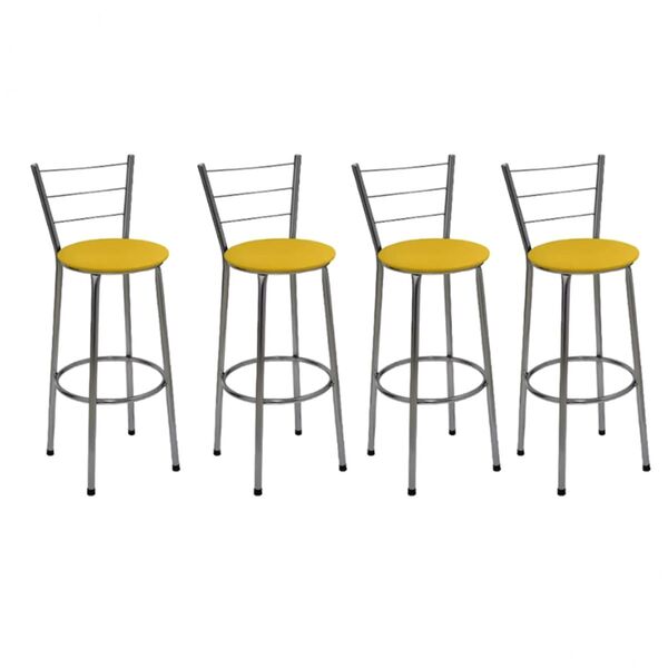Kit 4 Banquetas Altas Cromada Com Encosto Assento Amarelo