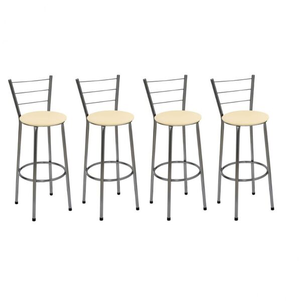 Kit 4 Banquetas Altas Cromada Com Encosto Assento Bege