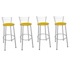 Kit 4 Banquetas Altas Prata Com Encosto Assento Amarelo