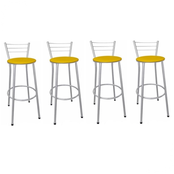 Kit 4 Banquetas Altas Prata Com Encosto Assento Amarelo