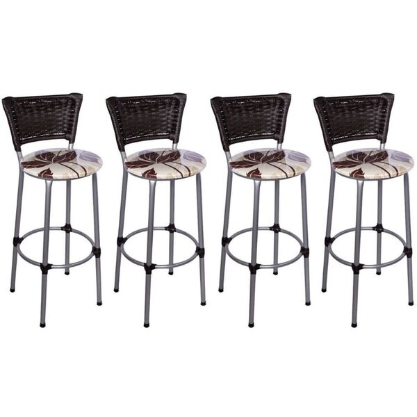 Kit 4 Banquetas Altas Prata Com Encosto Junco Argila Assento