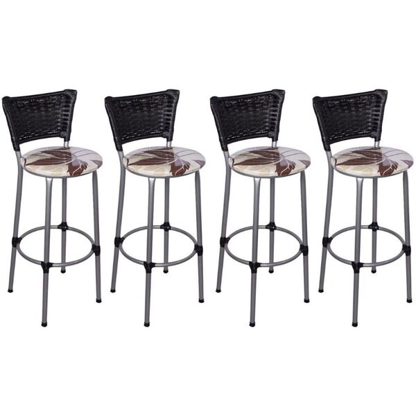 Kit 4 Banquetas Altas Prata Com Encosto Junco Preto Assento F