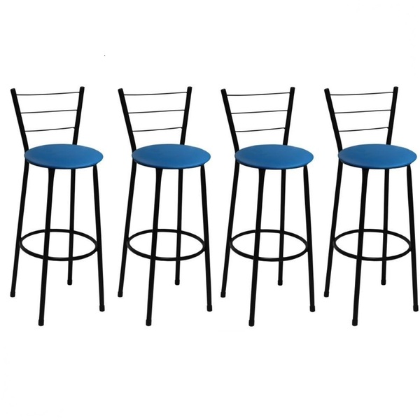 Kit 4 Banquetas Altas Preta Com Encosto Assento Azul